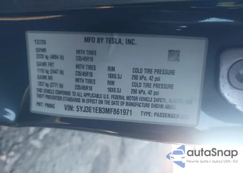 2021 Tesla Model 3 Long Range Dual Motor All-Wheel Drive z USA, uszkodzony, nr VIN 5YJ3E1EB3MF861971